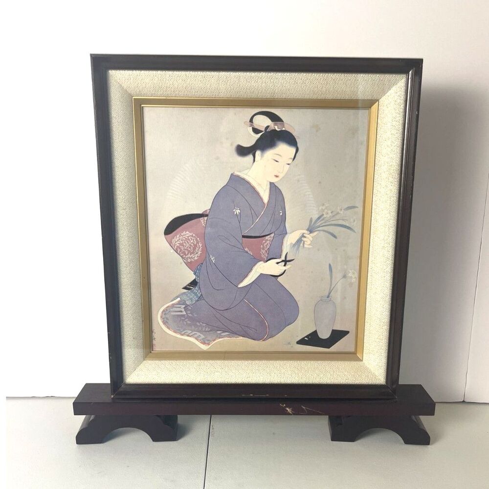 VTG Japanese Wall Decor Art Print Kimono Ikebana Flowers Framed Geisha Sign Seal